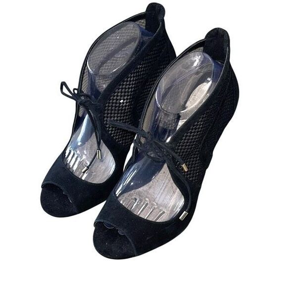 Karen Millen Womens Suede Mesh Tie Front Peep‎ Toe Stiletto Heels Black Size 40 - Picture 2 of 9